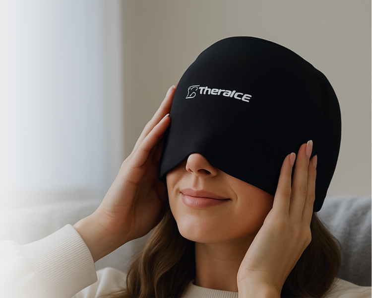 Woman wearing a black sleep mask with 'Theracare' branding, sitting indoors.